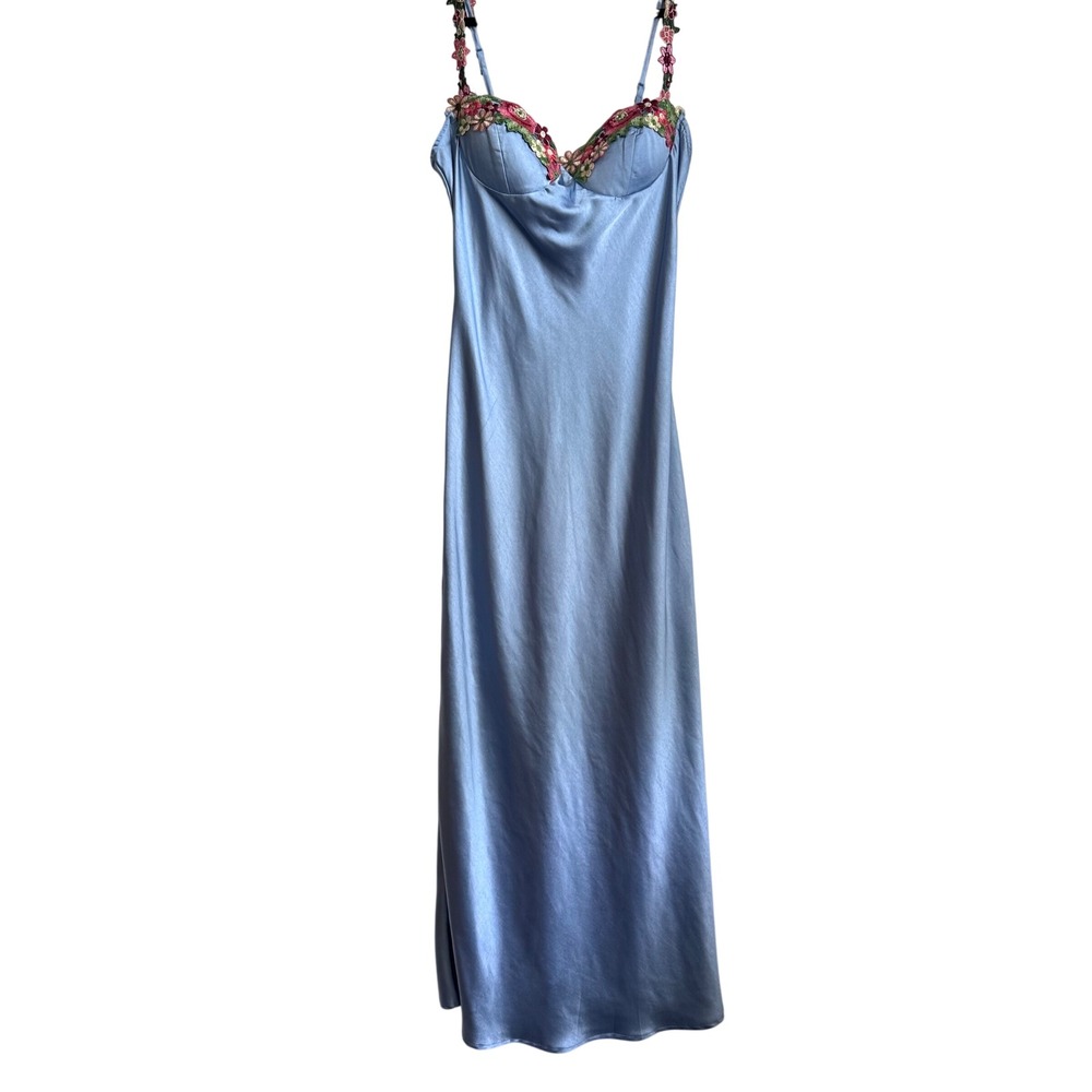 Realtix Light Blue Satin Maxi Dress Floral Lace Y2K Large Coquette Girly Whimsy